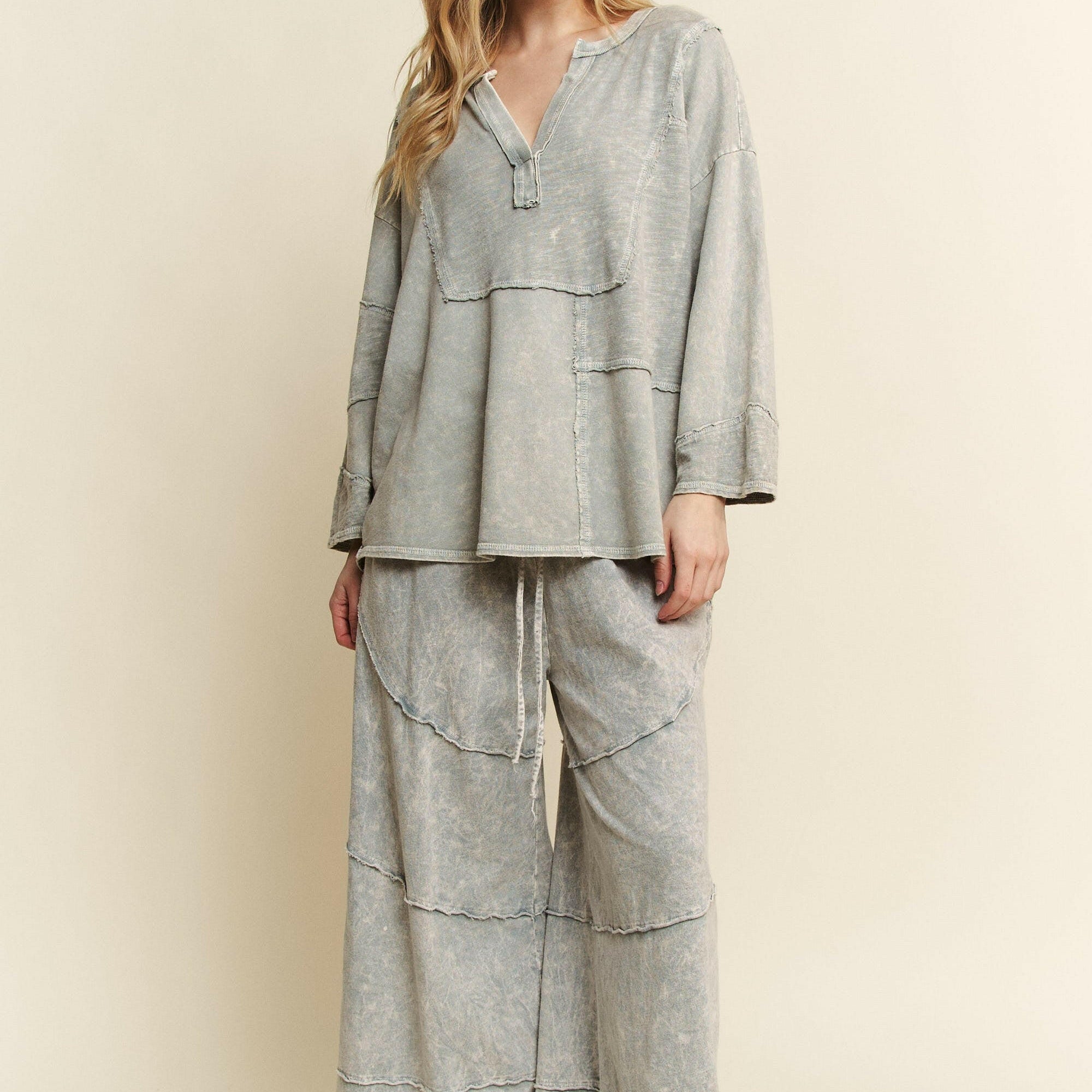 J.HER Mineral Washed Diagonal Hem Wide Leg Pants-PANTS-Krush Kandy, Women's Online Fashion Boutique Located in Phoenix, Arizona (Scottsdale Area)