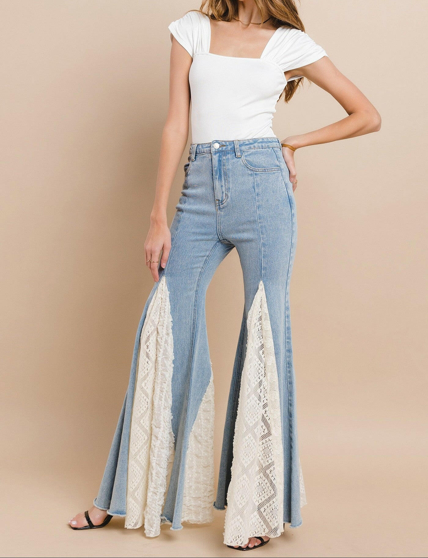 Lace Detail Wide Leg Jeans-Jumpsuits & Rompers-Krush Kandy, Women's Online Fashion Boutique Located in Phoenix, Arizona (Scottsdale Area)