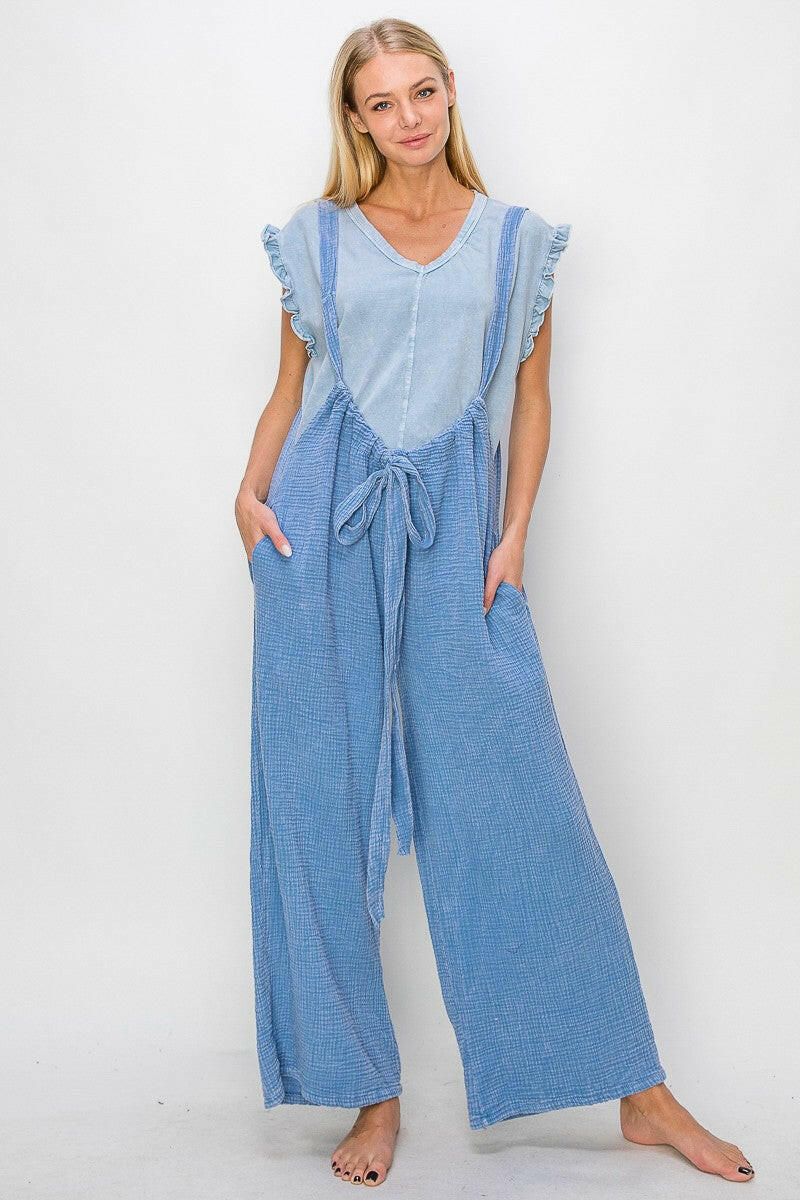 Mineral Wash Boho Relaxed Gathered Jumpsuit-Jumpsuits & Rompers-Krush Kandy, Women's Online Fashion Boutique Located in Phoenix, Arizona (Scottsdale Area)