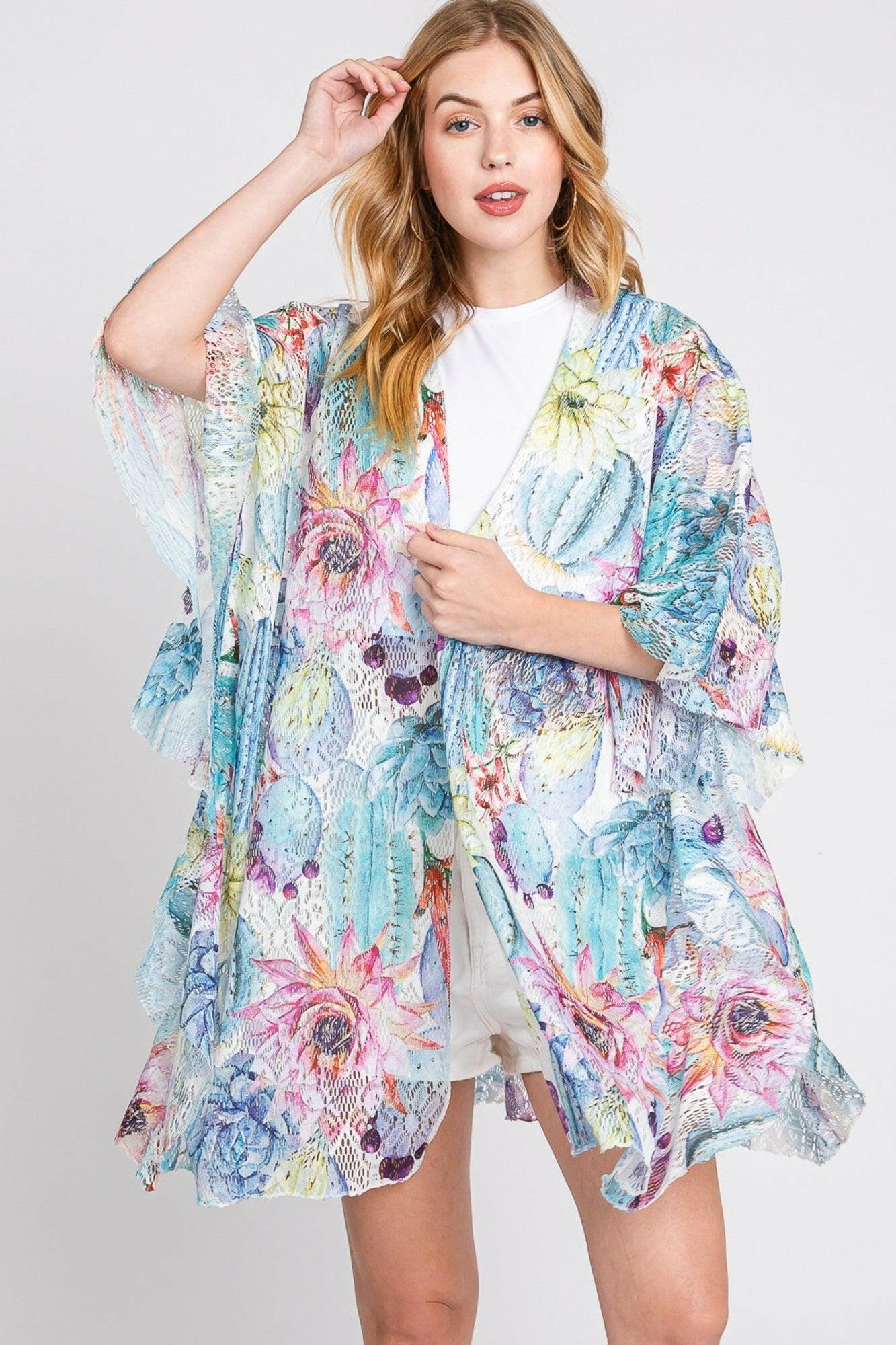 Athena Ruffle Lined Cactus Print Crochet Kimono-Kimono-Krush Kandy, Women's Online Fashion Boutique Located in Phoenix, Arizona (Scottsdale Area)