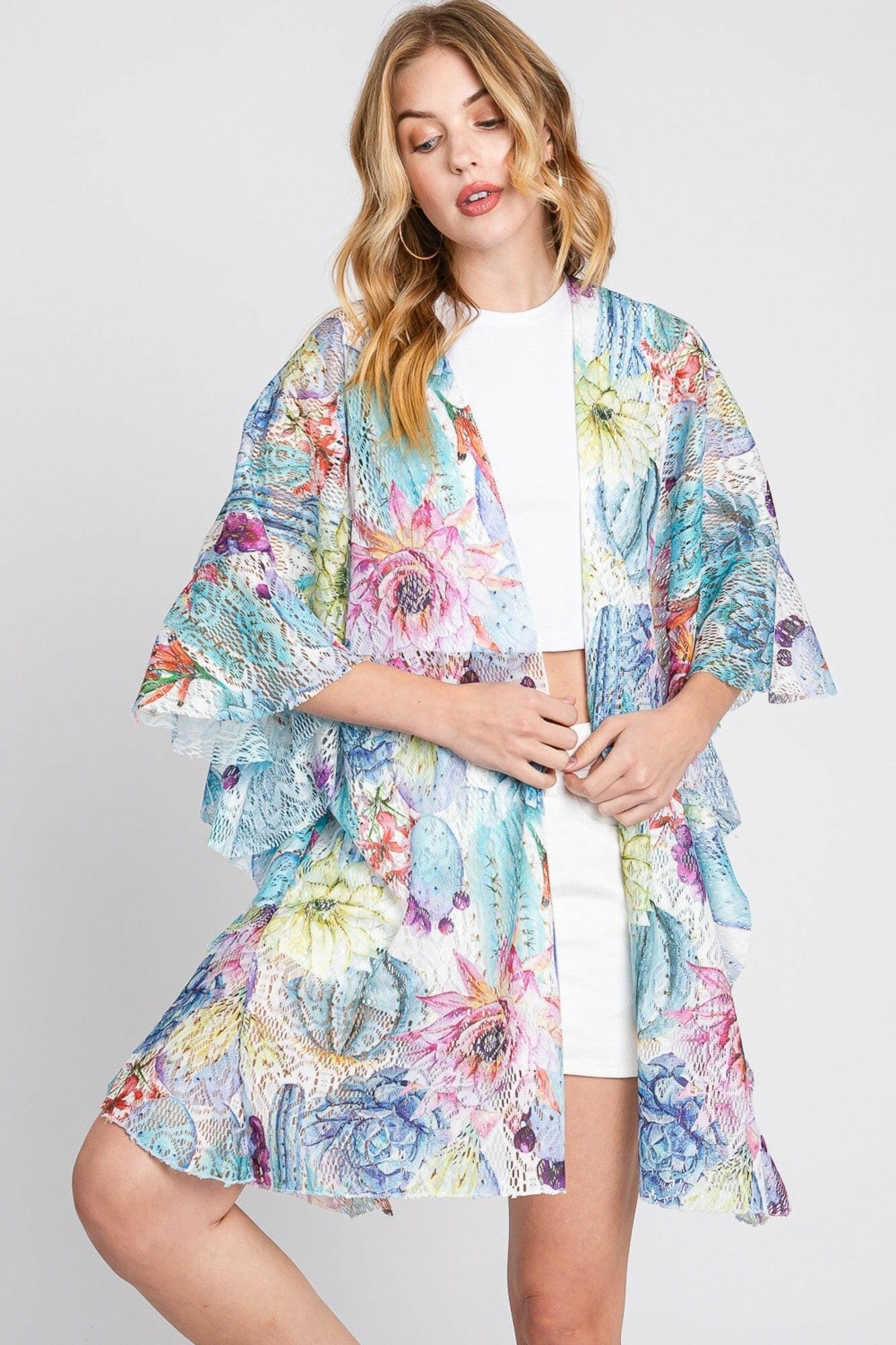 Athena Ruffle Lined Cactus Print Crochet Kimono-Kimono-Krush Kandy, Women's Online Fashion Boutique Located in Phoenix, Arizona (Scottsdale Area)