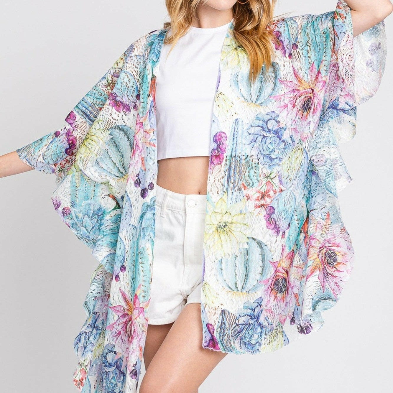 Athena Ruffle Lined Cactus Print Crochet Kimono-Kimono-Krush Kandy, Women's Online Fashion Boutique Located in Phoenix, Arizona (Scottsdale Area)