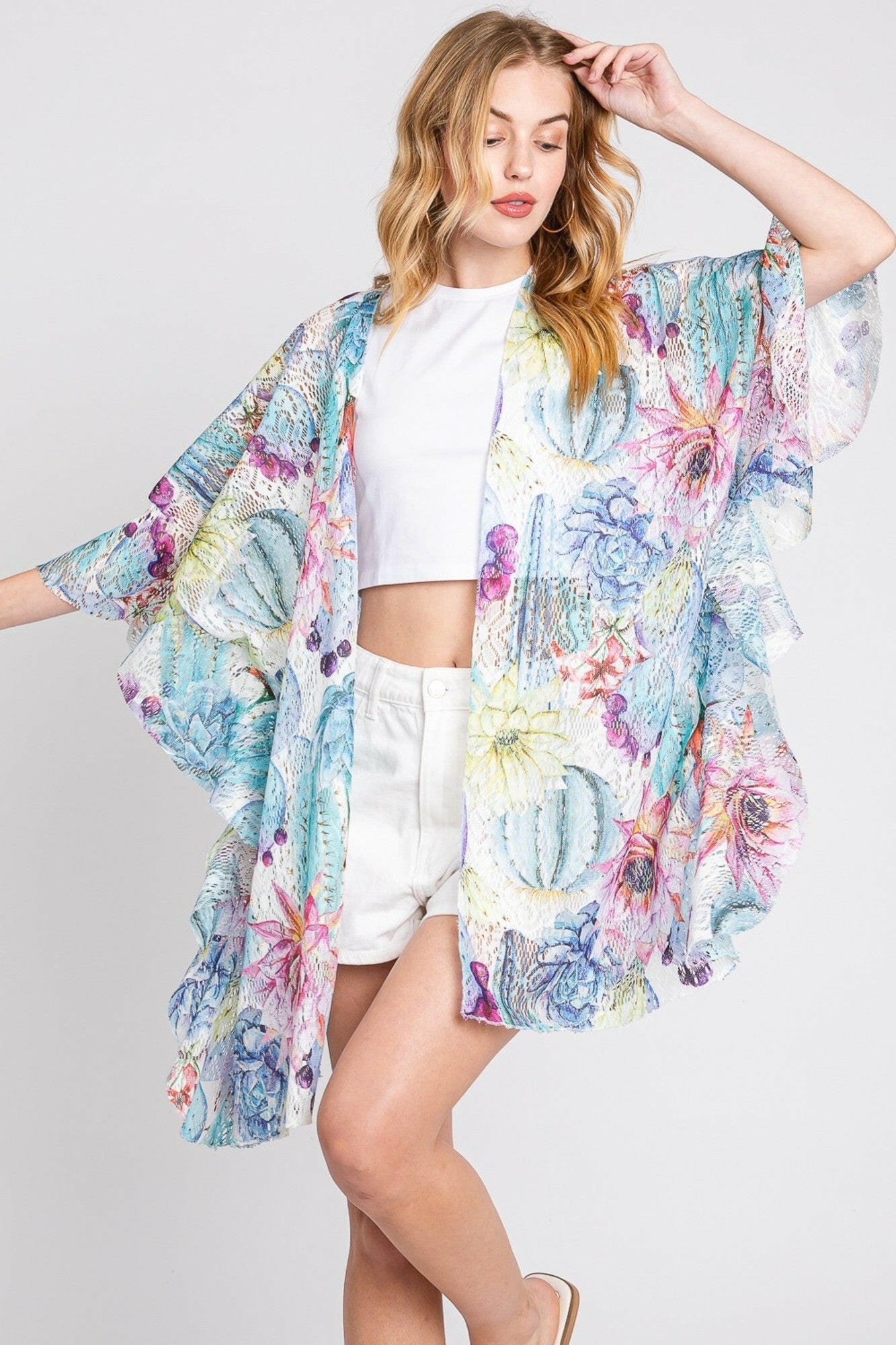 Athena Ruffle Lined Cactus Print Crochet Kimono-Kimono-Krush Kandy, Women's Online Fashion Boutique Located in Phoenix, Arizona (Scottsdale Area)