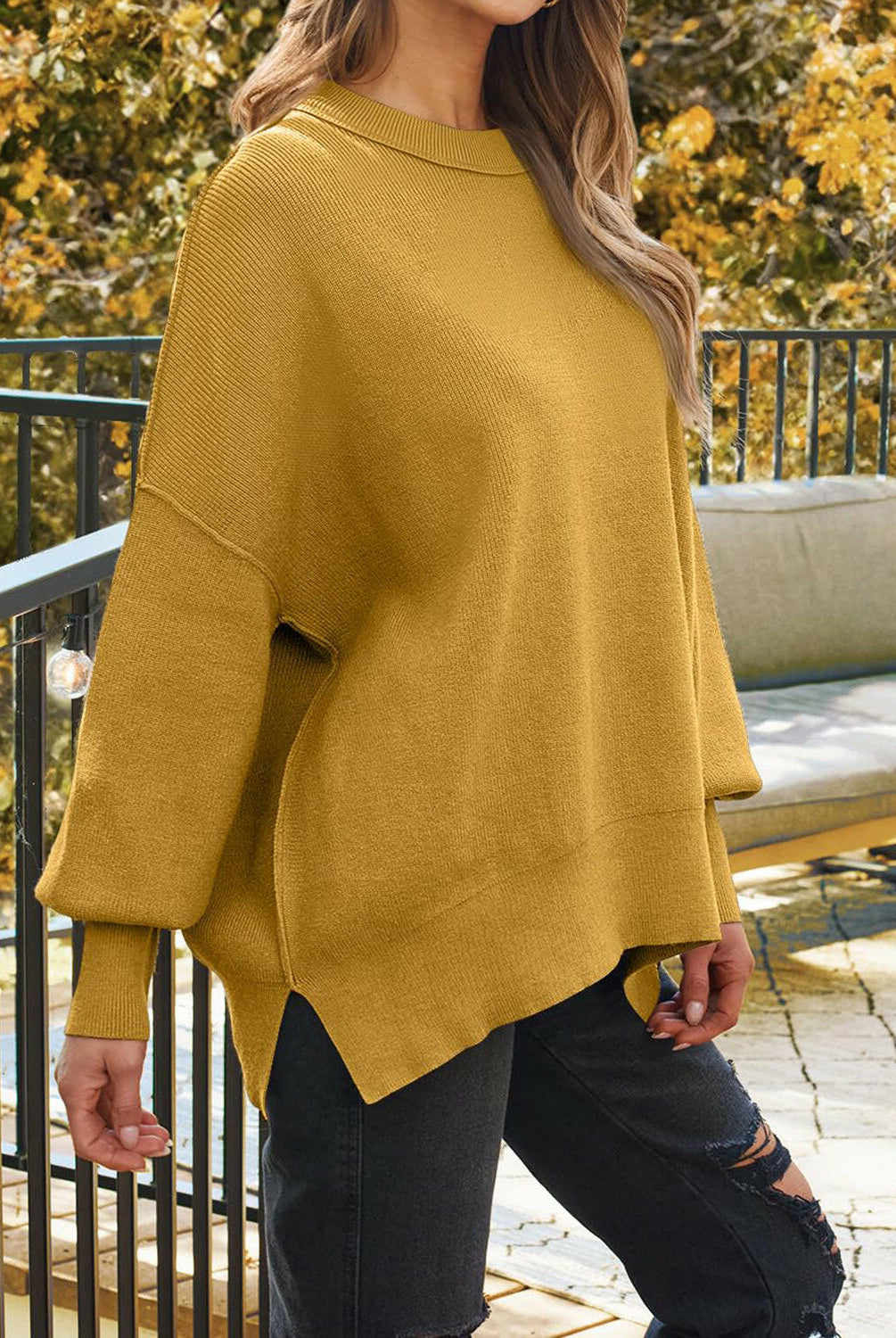 Slit Round Neck Dropped Shoulder Sweater-Krush Kandy, Women's Online Fashion Boutique Located in Phoenix, Arizona (Scottsdale Area)