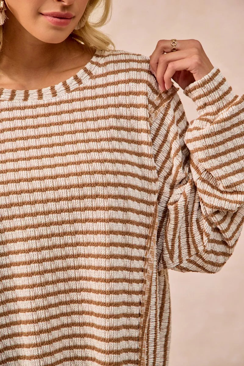 BiBi Open Seam Detail Textured Stripe Knit Top-Sweaters-Krush Kandy, Women's Online Fashion Boutique Located in Phoenix, Arizona (Scottsdale Area)