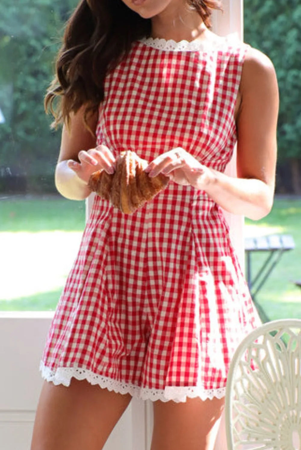 Lace Detail Plaid Sleeveless Romper-Tops-Krush Kandy, Women's Online Fashion Boutique Located in Phoenix, Arizona (Scottsdale Area)