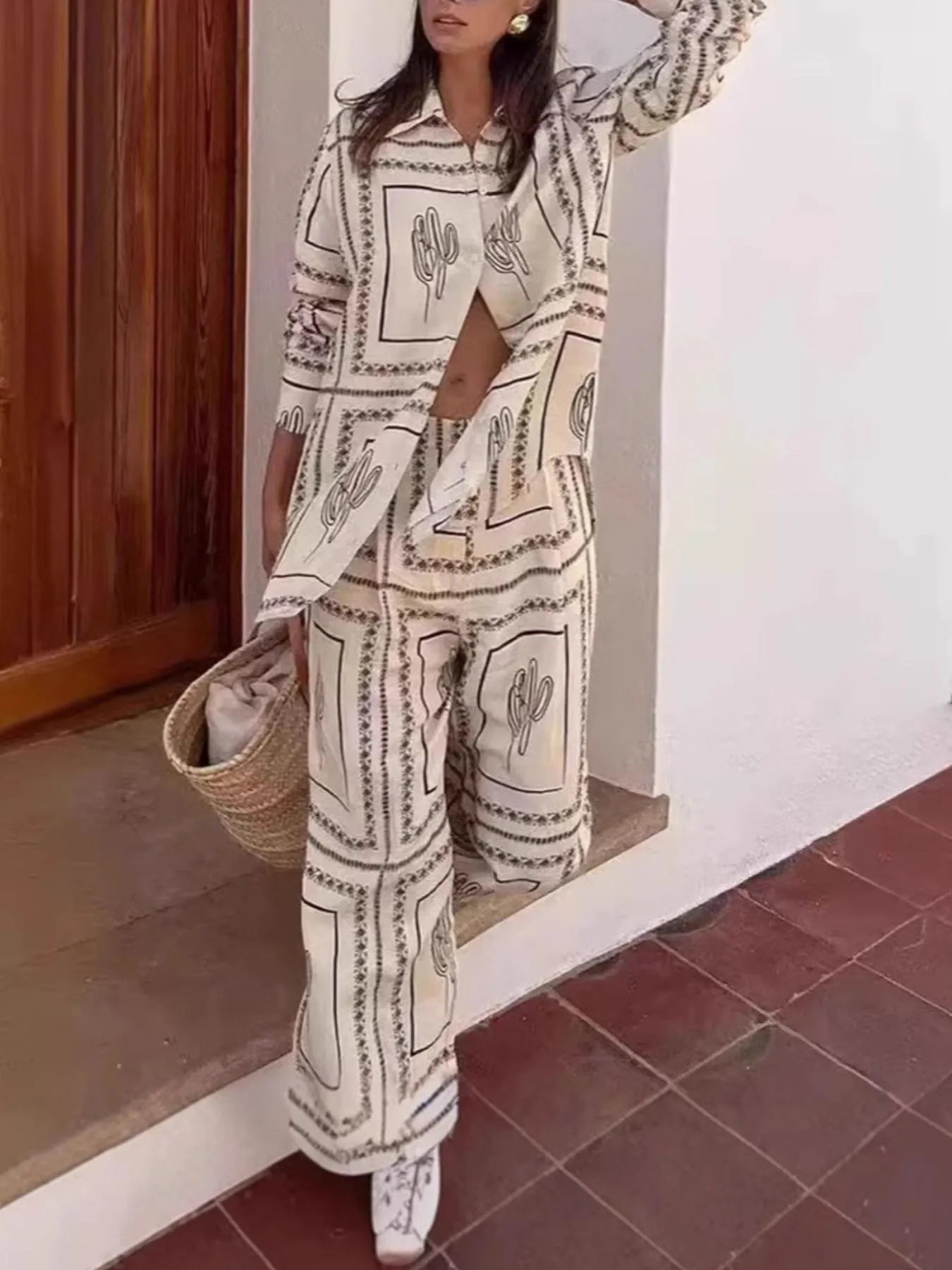 Printed Button Up Shirt and Pants Set-2 Piece Outfit Sets-Krush Kandy, Women's Online Fashion Boutique Located in Phoenix, Arizona (Scottsdale Area)