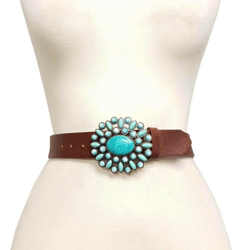 Western Turquoise Buckle With Genuine Leather Belt-Krush Kandy, Women's Online Fashion Boutique Located in Phoenix, Arizona (Scottsdale Area)