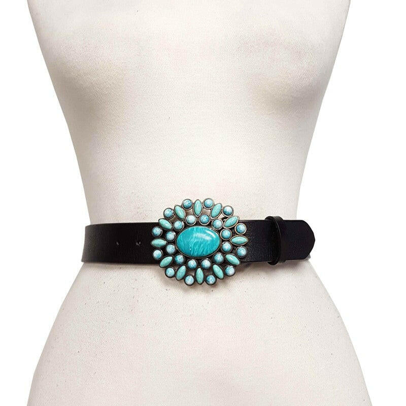 Western Turquoise Buckle With Genuine Leather Belt-Krush Kandy, Women's Online Fashion Boutique Located in Phoenix, Arizona (Scottsdale Area)