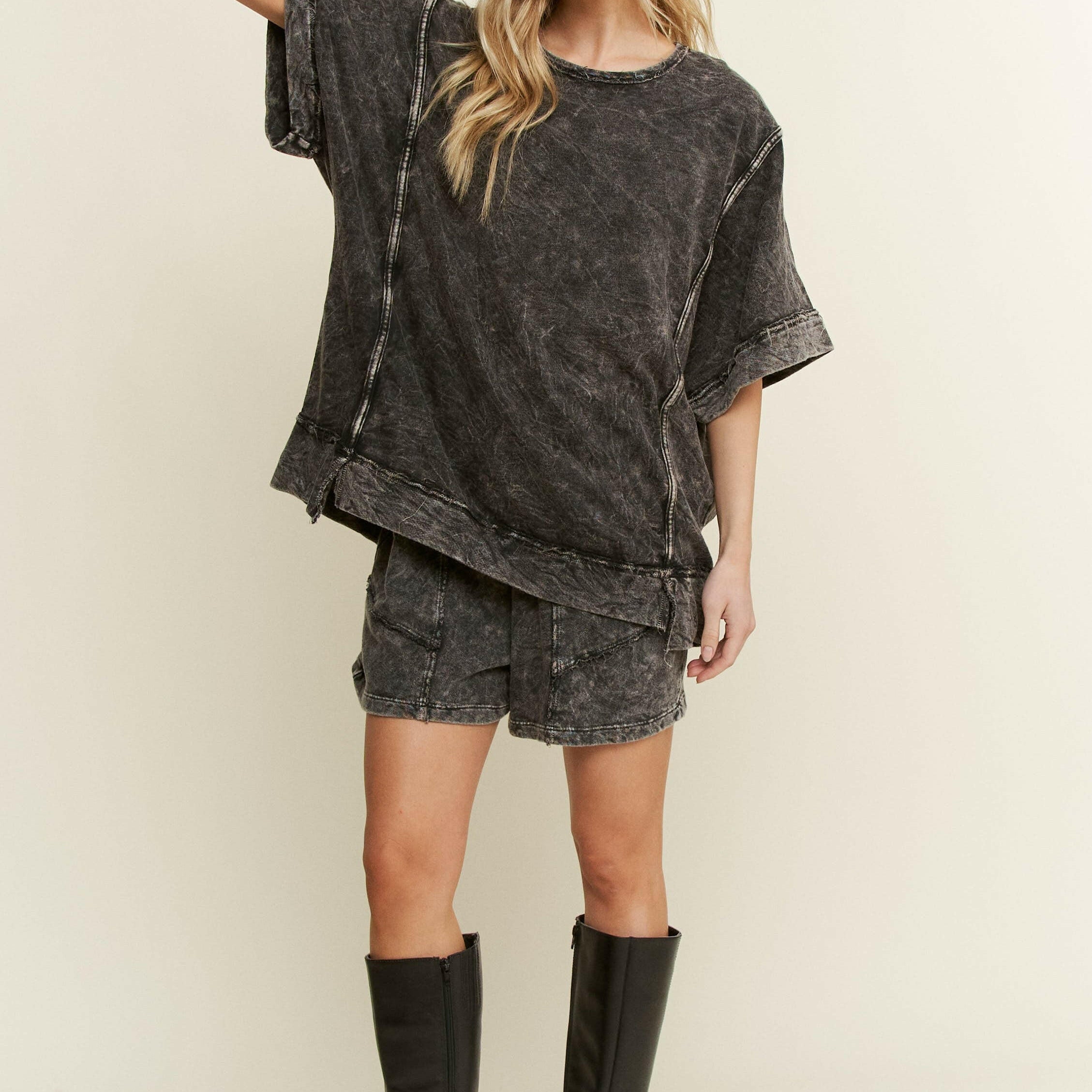Mineral Wash Binding Half Sleeved Top-Tops-Krush Kandy, Women's Online Fashion Boutique Located in Phoenix, Arizona (Scottsdale Area)