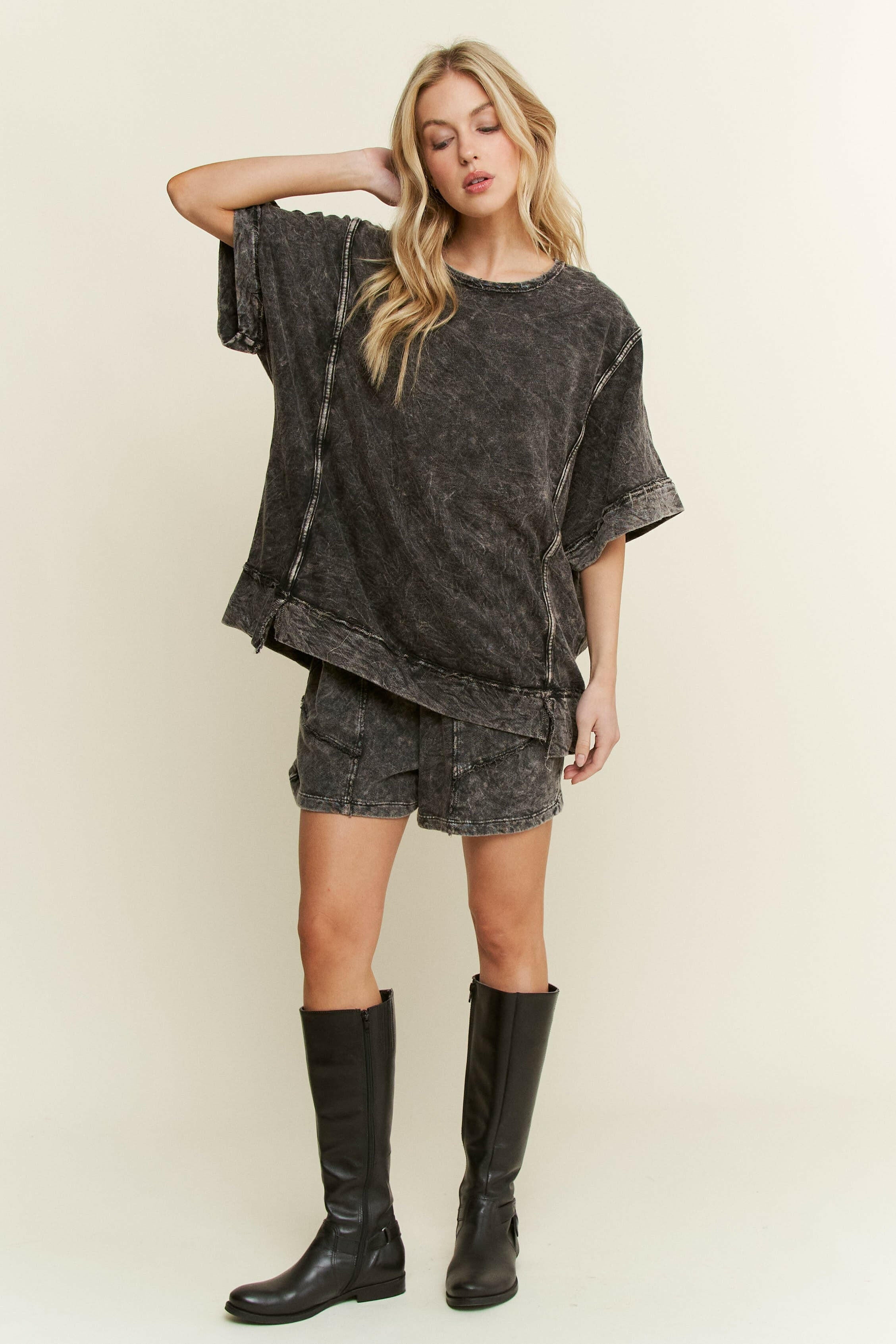 Mineral Wash Binding Half Sleeved Top-Tops-Krush Kandy, Women's Online Fashion Boutique Located in Phoenix, Arizona (Scottsdale Area)