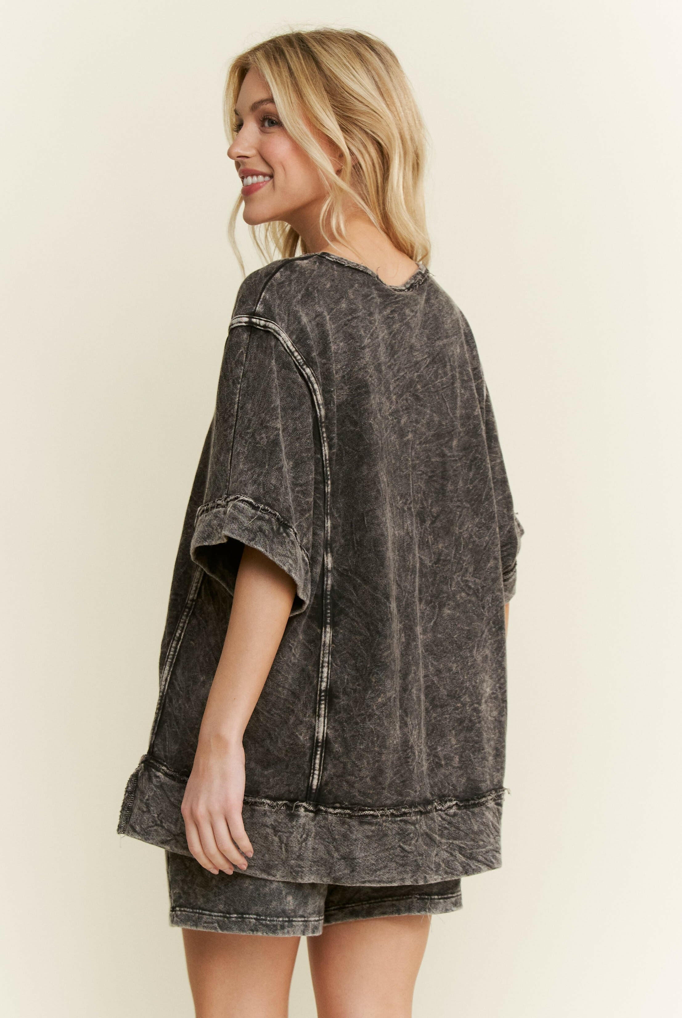 Mineral Wash Binding Half Sleeved Top-Tops-Krush Kandy, Women's Online Fashion Boutique Located in Phoenix, Arizona (Scottsdale Area)