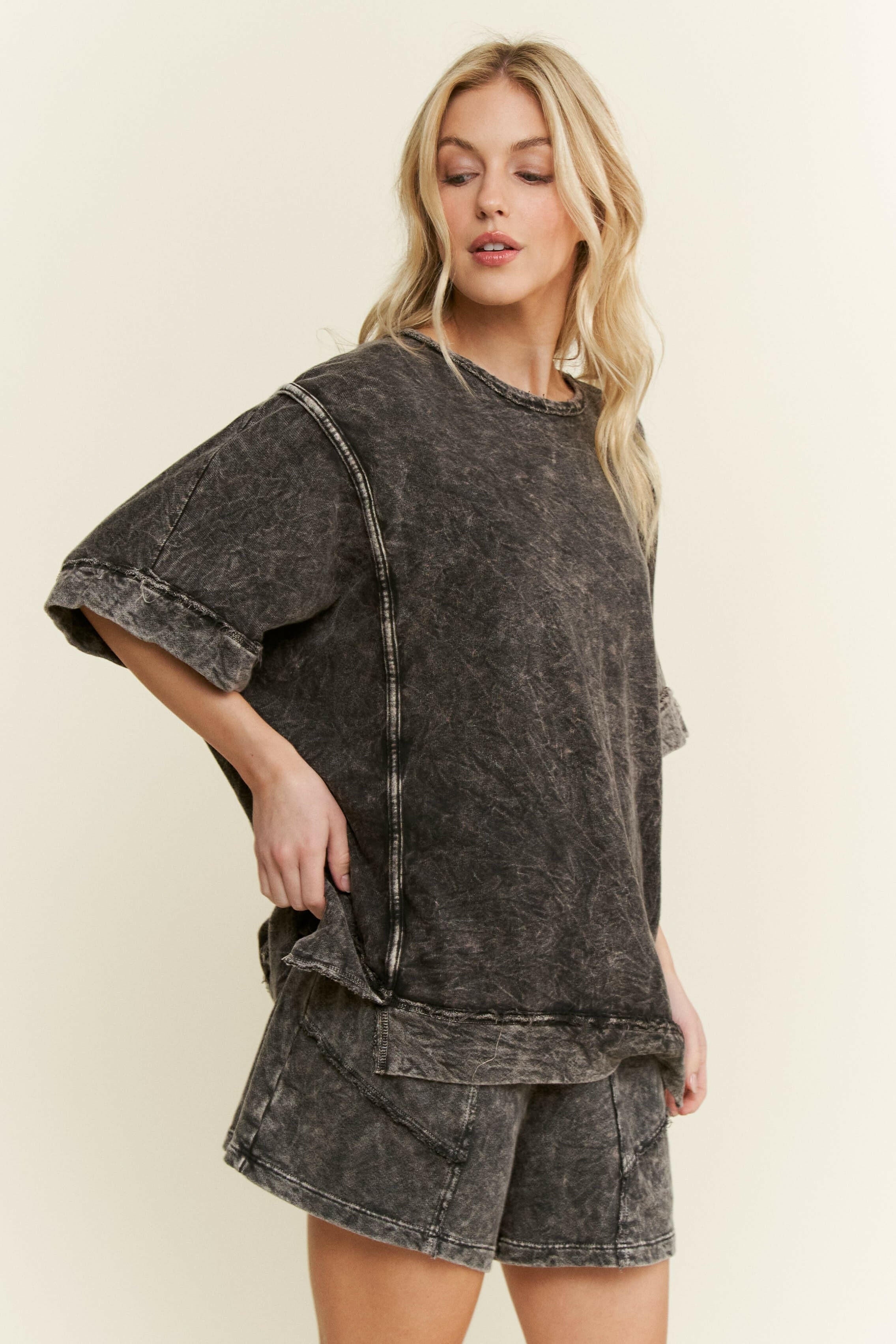 Mineral Wash Binding Half Sleeved Top-Tops-Krush Kandy, Women's Online Fashion Boutique Located in Phoenix, Arizona (Scottsdale Area)
