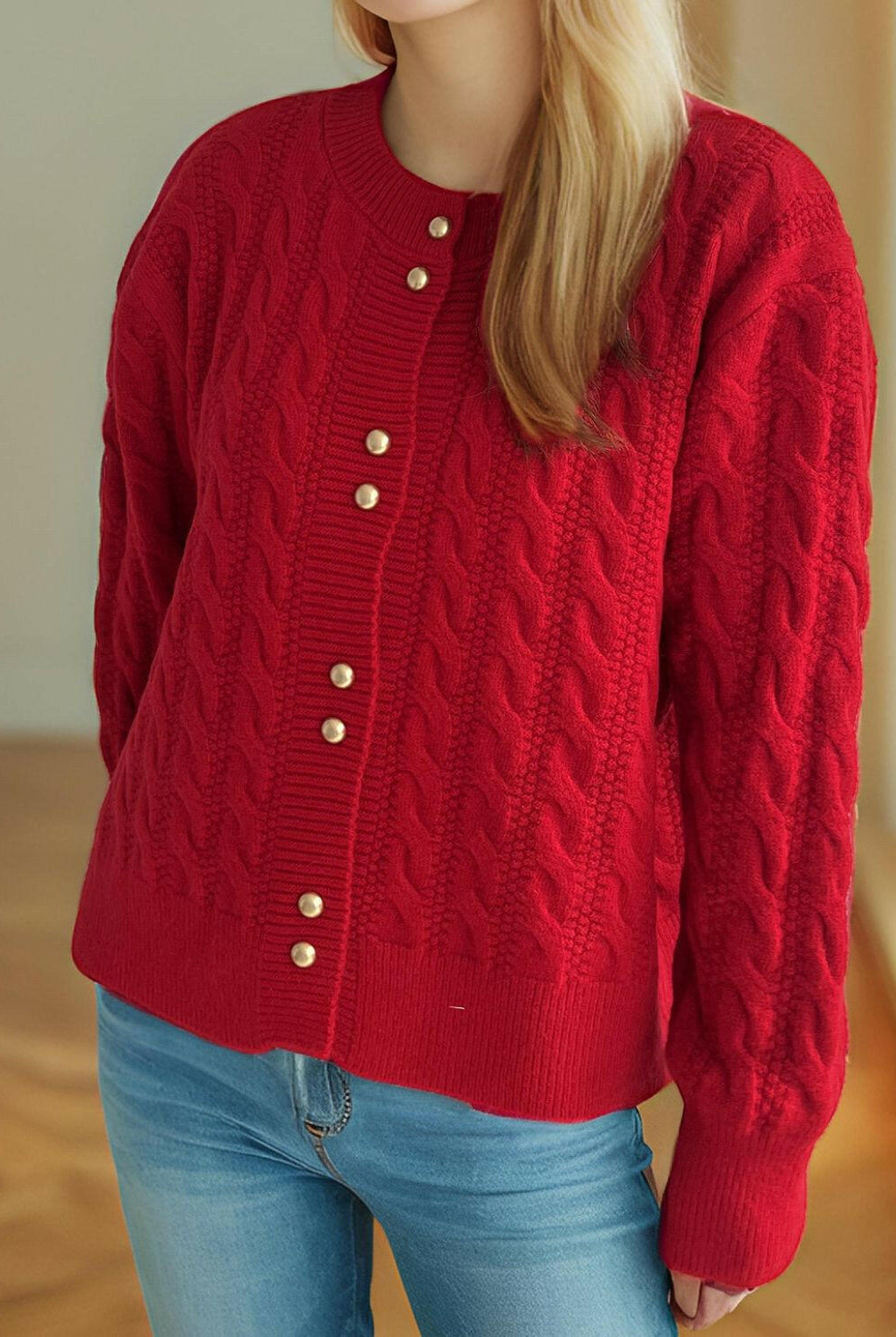 Cable-Knit Round Neck Long Sleeve Cardigan-Cardigans-Krush Kandy, Women's Online Fashion Boutique Located in Phoenix, Arizona (Scottsdale Area)