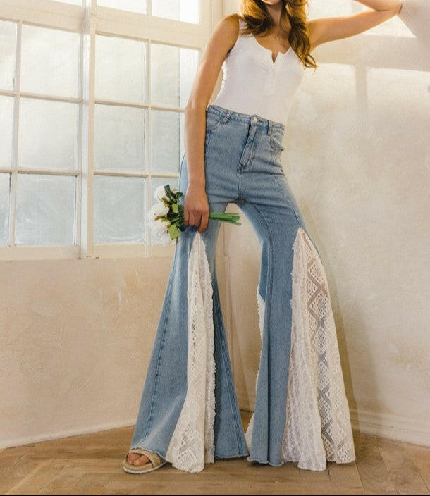 Lace Detail Wide Leg Jeans-Jumpsuits & Rompers-Krush Kandy, Women's Online Fashion Boutique Located in Phoenix, Arizona (Scottsdale Area)