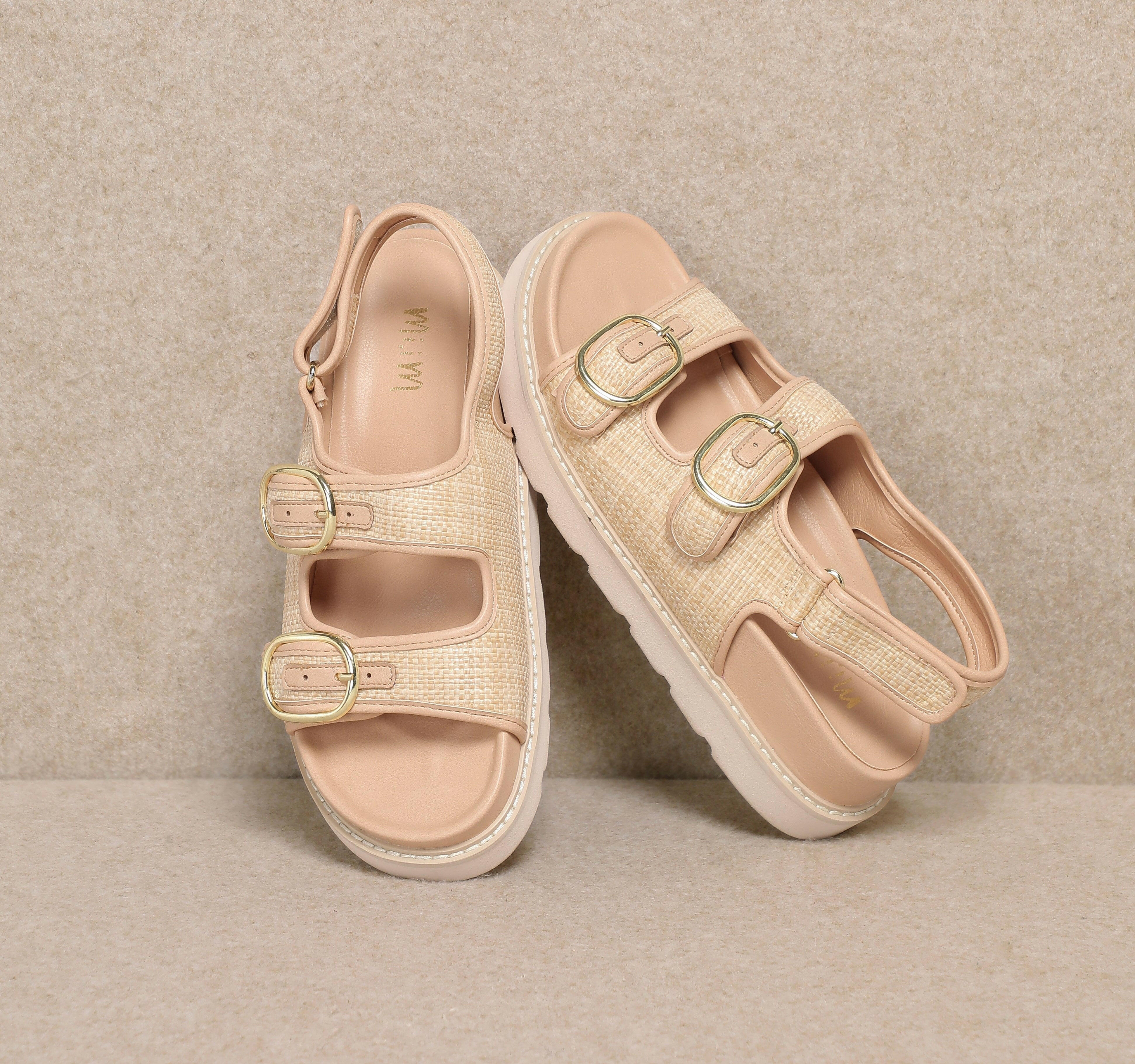 HALLIE - Dual-Buckle Straw Effect Sandals-Sandals-Krush Kandy, Women's Online Fashion Boutique Located in Phoenix, Arizona (Scottsdale Area)