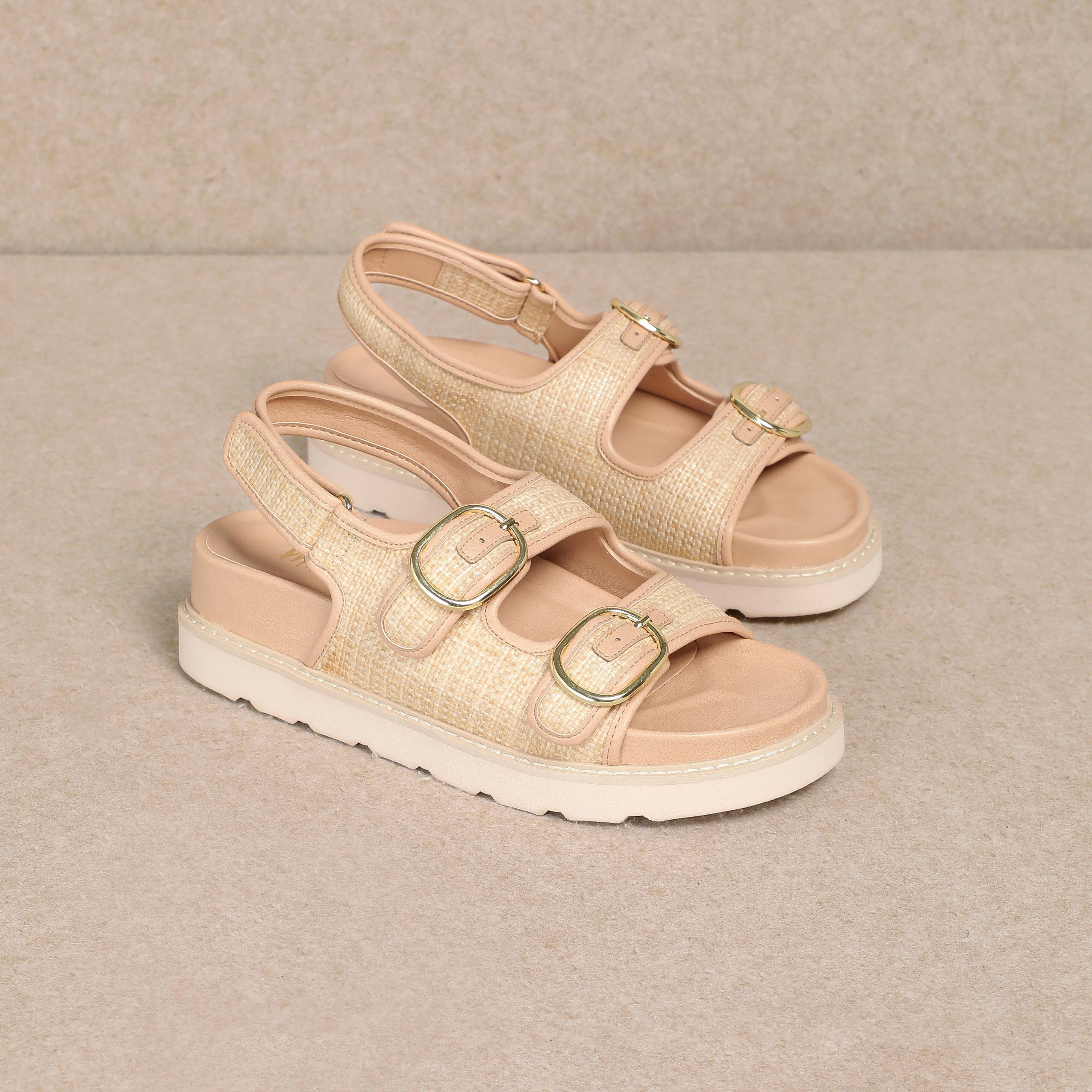 HALLIE - Dual-Buckle Straw Effect Sandals-Sandals-Krush Kandy, Women's Online Fashion Boutique Located in Phoenix, Arizona (Scottsdale Area)