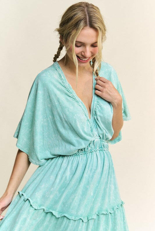 Mineral Wash V-Neck Empire Waist Tiered Dress-dress-Krush Kandy, Women's Online Fashion Boutique Located in Phoenix, Arizona (Scottsdale Area)