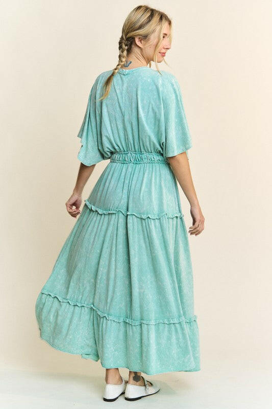 Mineral Wash V-Neck Empire Waist Tiered Dress-dress-Krush Kandy, Women's Online Fashion Boutique Located in Phoenix, Arizona (Scottsdale Area)