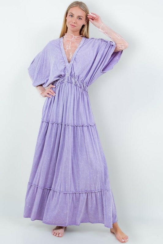 Mineral Wash V-Neck Empire Waist Tiered Dress-dress-Krush Kandy, Women's Online Fashion Boutique Located in Phoenix, Arizona (Scottsdale Area)