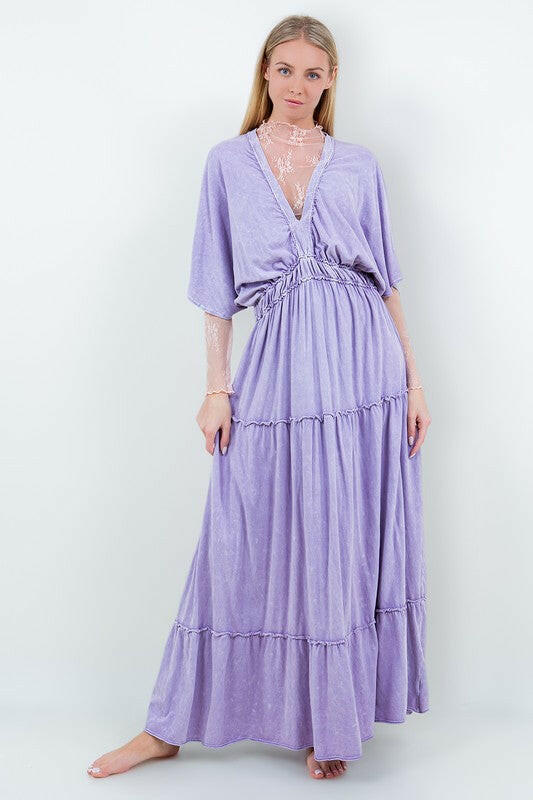 Mineral Wash V-Neck Empire Waist Tiered Dress-dress-Krush Kandy, Women's Online Fashion Boutique Located in Phoenix, Arizona (Scottsdale Area)