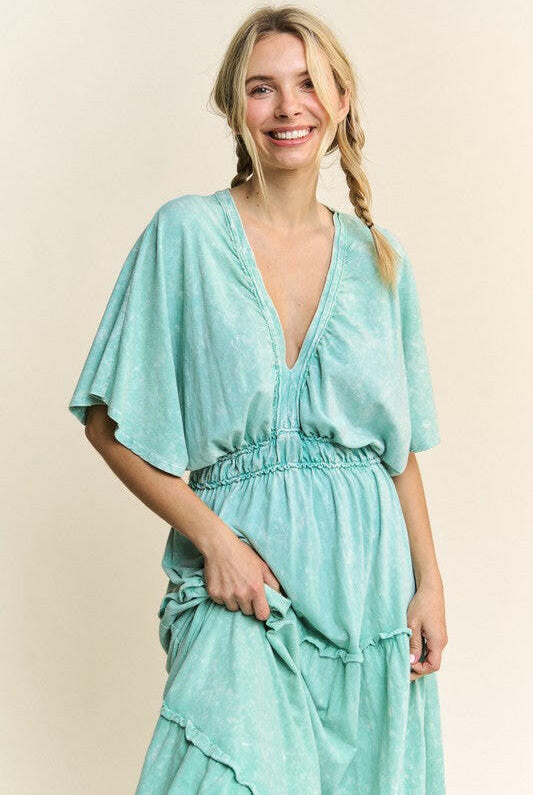 Mineral Wash V-Neck Empire Waist Tiered Dress-dress-Krush Kandy, Women's Online Fashion Boutique Located in Phoenix, Arizona (Scottsdale Area)
