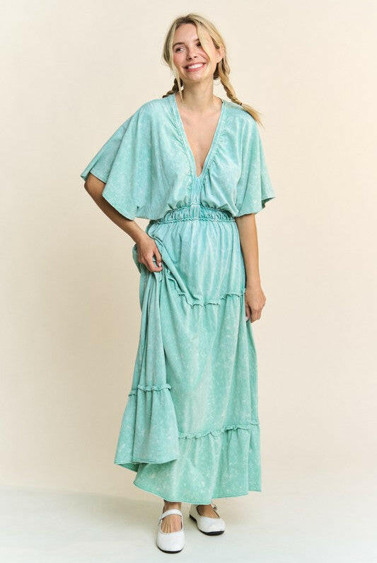 Mineral Wash V-Neck Empire Waist Tiered Dress-dress-Krush Kandy, Women's Online Fashion Boutique Located in Phoenix, Arizona (Scottsdale Area)
