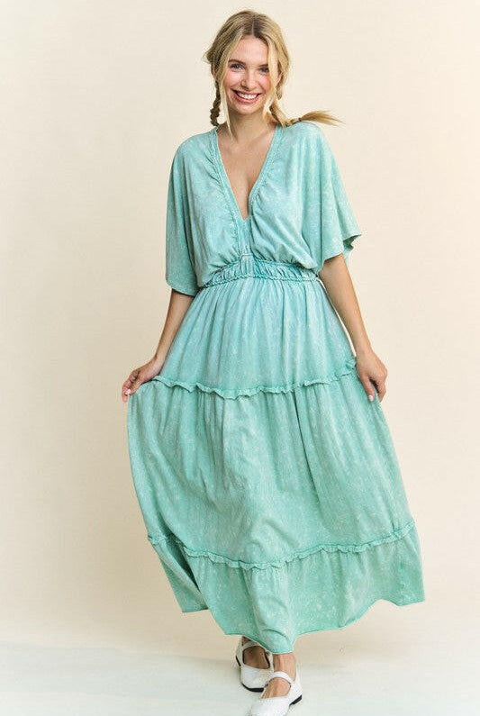 Mineral Wash V-Neck Empire Waist Tiered Dress-dress-Krush Kandy, Women's Online Fashion Boutique Located in Phoenix, Arizona (Scottsdale Area)
