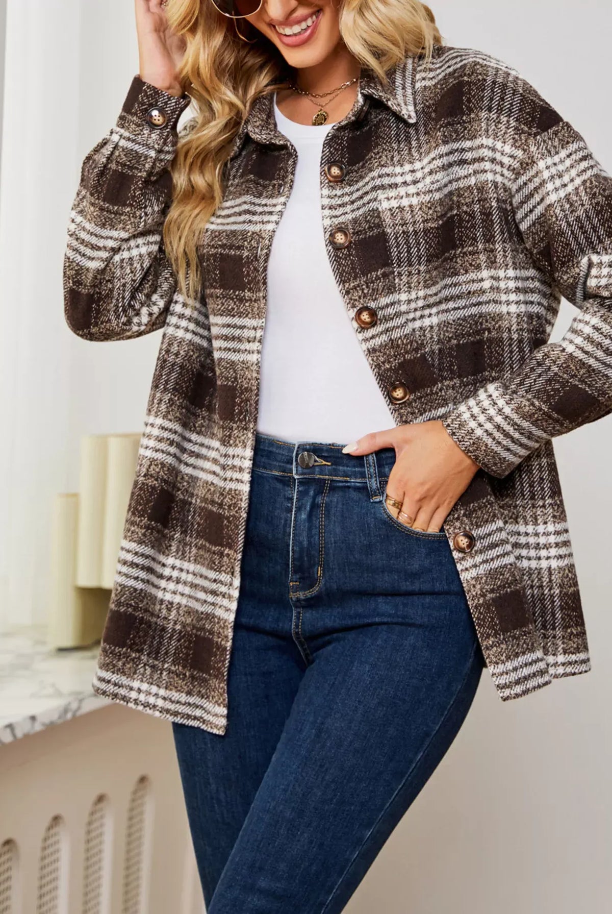 Plaid Button Up Long Sleeve Shacket-Jacket-Krush Kandy, Women's Online Fashion Boutique Located in Phoenix, Arizona (Scottsdale Area)
