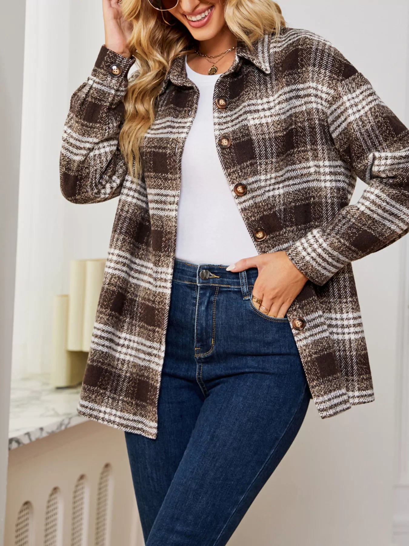 Plaid Button Up Long Sleeve Shacket-Jacket-Krush Kandy, Women's Online Fashion Boutique Located in Phoenix, Arizona (Scottsdale Area)
