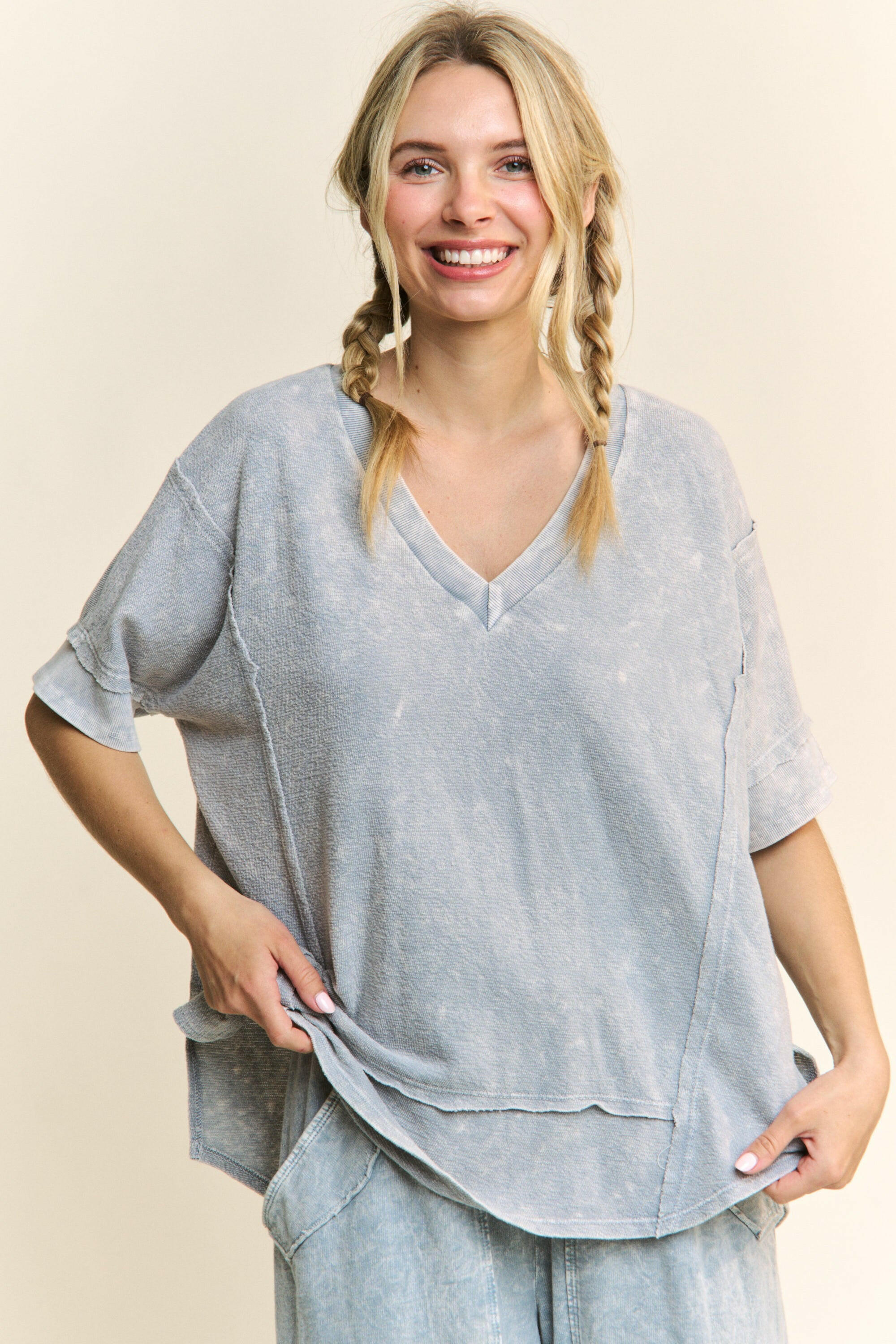 J.HER Mineral Wash V-neck Soft Terry Towel Top-Tops-Krush Kandy, Women's Online Fashion Boutique Located in Phoenix, Arizona (Scottsdale Area)