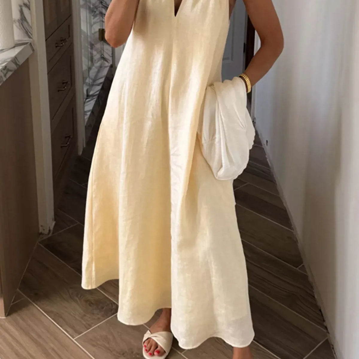 Halter V-Neck Linen Midi Dress Yellow / L