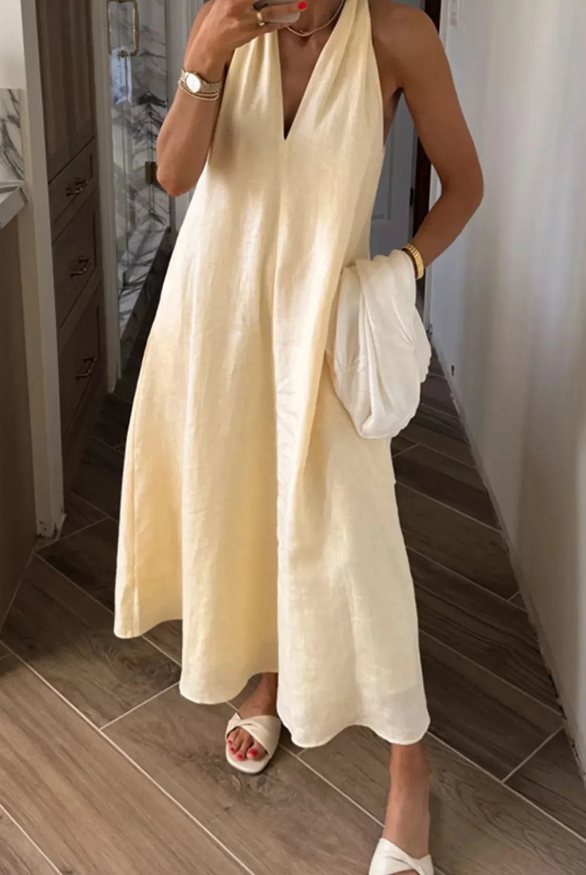 Halter V-Neck Linen Midi Dress-Krush Kandy, Women's Online Fashion Boutique Located in Phoenix, Arizona (Scottsdale Area)