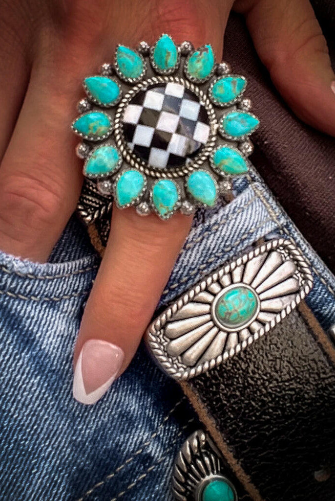 Turquoise & Checkered Sunflower Ring MADE TO ORDER-Statement Rings-Krush Kandy, Women's Online Fashion Boutique Located in Phoenix, Arizona (Scottsdale Area)