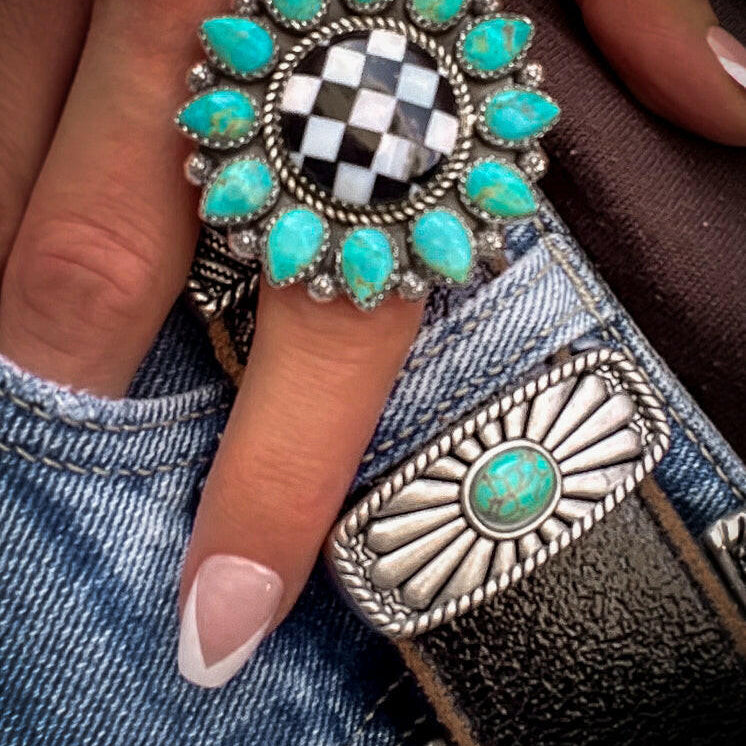 Turquoise & Checkered Sunflower Ring MADE TO ORDER-Statement Rings-Krush Kandy, Women's Online Fashion Boutique Located in Phoenix, Arizona (Scottsdale Area)