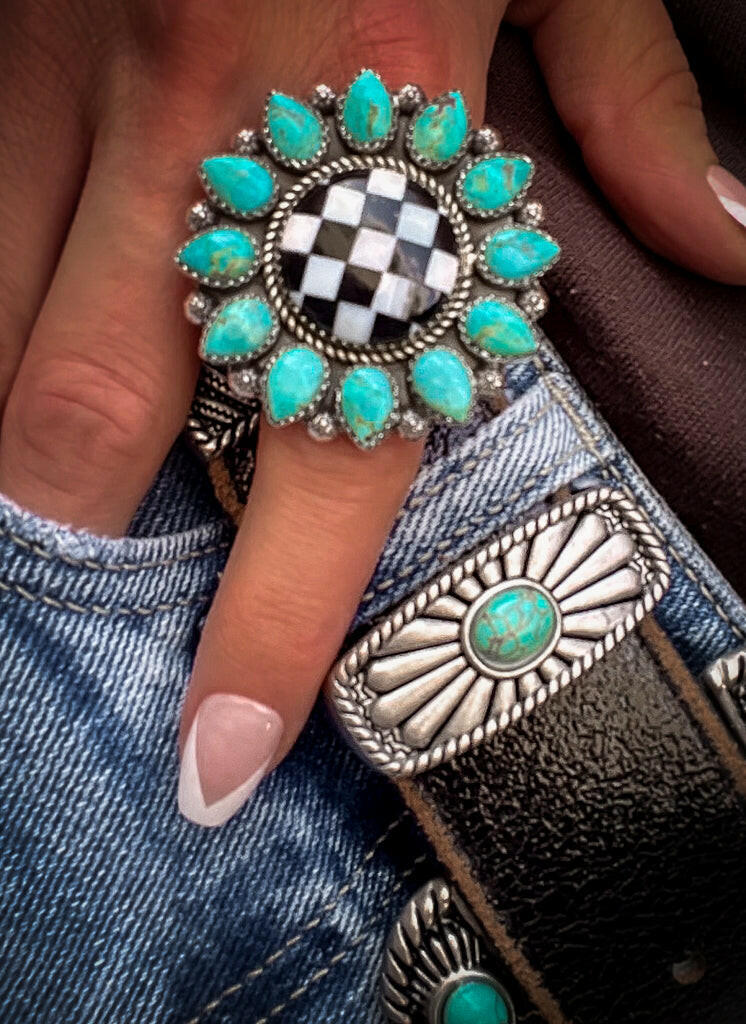 Turquoise & Checkered Sunflower Ring MADE TO ORDER-Statement Rings-Krush Kandy, Women's Online Fashion Boutique Located in Phoenix, Arizona (Scottsdale Area)