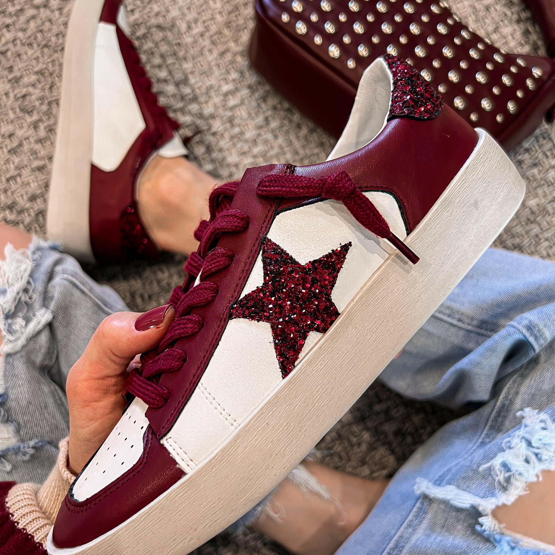 Stardust Glam: Burgundy Glitter Star Sneakers-Sneakers-Krush Kandy, Women's Online Fashion Boutique Located in Phoenix, Arizona (Scottsdale Area)
