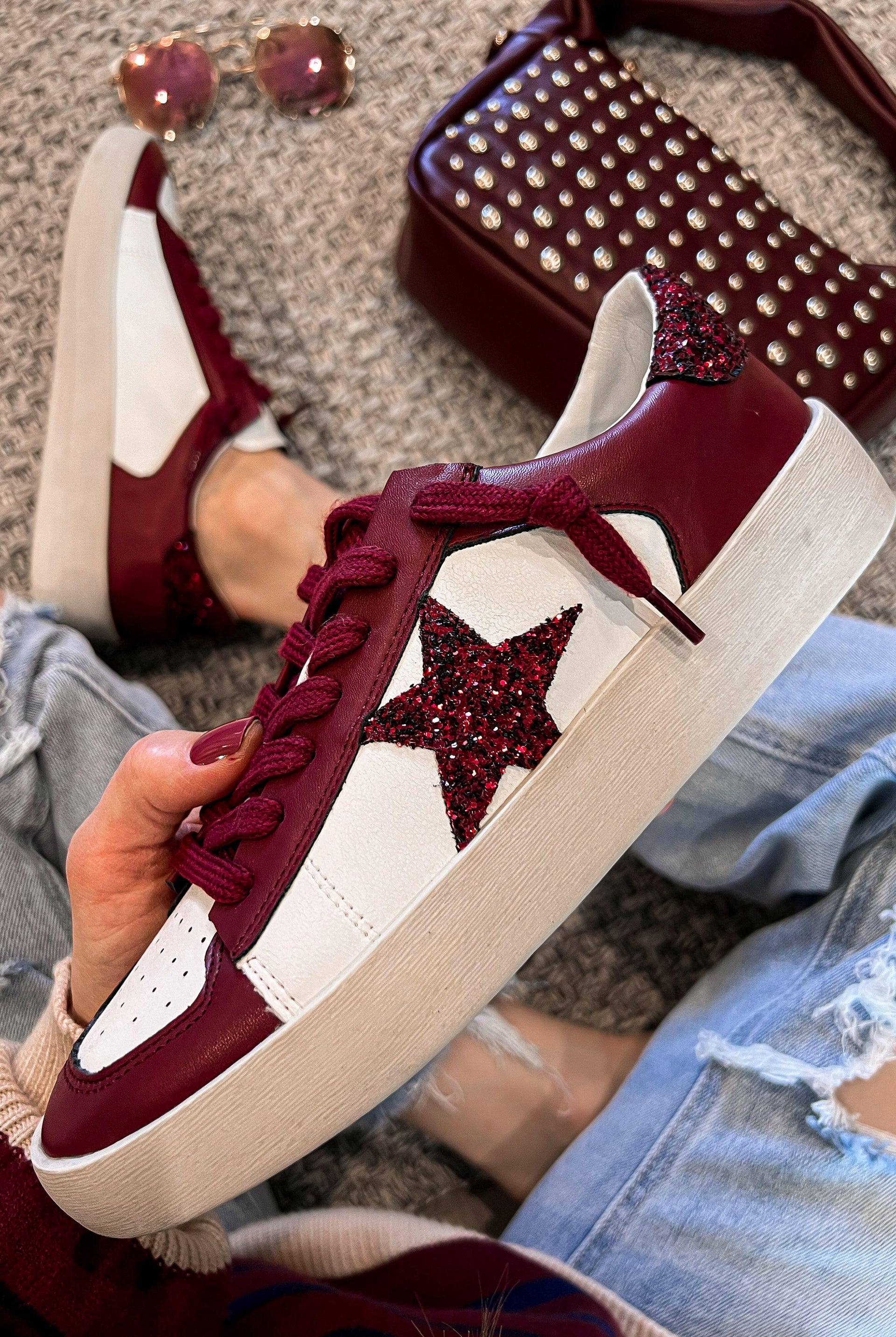 Stardust Glam: Burgundy Glitter Star Sneakers-Sneakers-Krush Kandy, Women's Online Fashion Boutique Located in Phoenix, Arizona (Scottsdale Area)