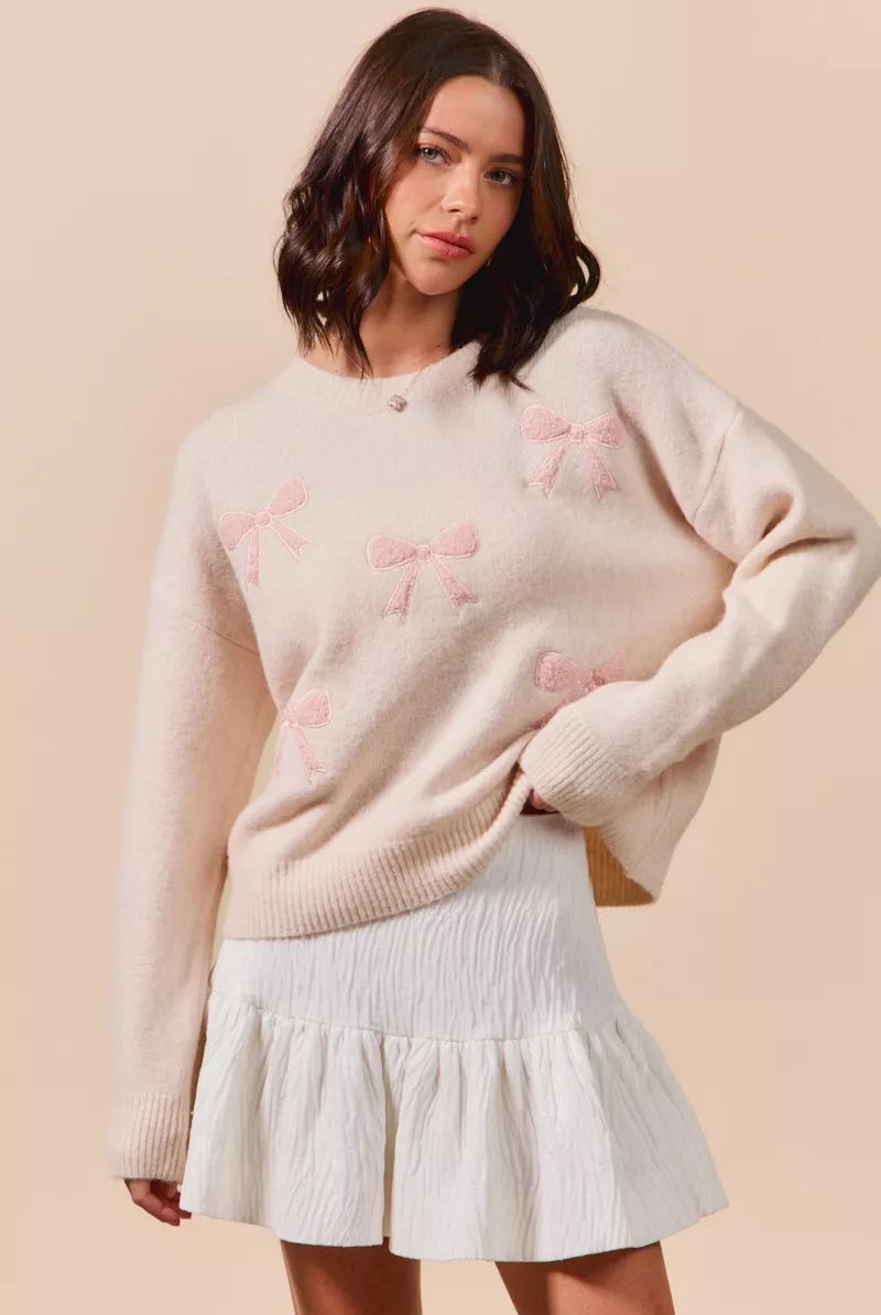 SO ME Embroidered Ribbon Round Neck Sweater-Sweaters-Krush Kandy, Women's Online Fashion Boutique Located in Phoenix, Arizona (Scottsdale Area)