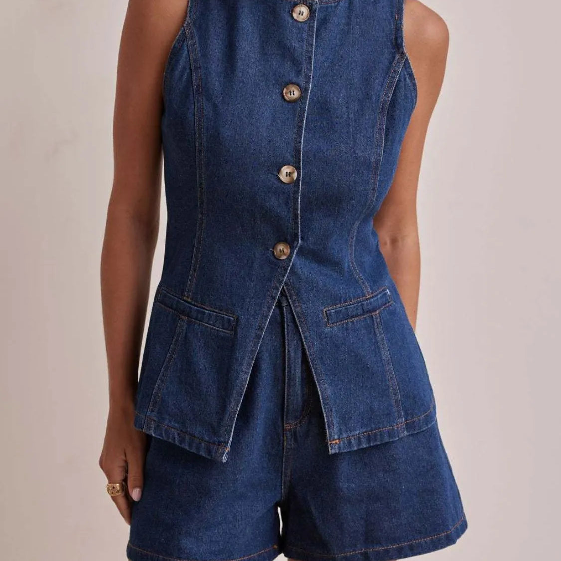 Button Down Vest and Shorts Denim Set-2 Piece Outfit Sets-Krush Kandy, Women's Online Fashion Boutique Located in Phoenix, Arizona (Scottsdale Area)
