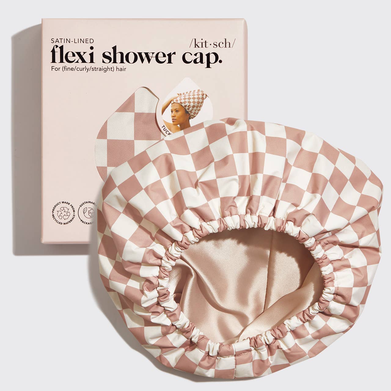 Satin Lined Flexi Shower Cap - Terracotta Checker-Hair Accessories-Krush Kandy, Women's Online Fashion Boutique Located in Phoenix, Arizona (Scottsdale Area)