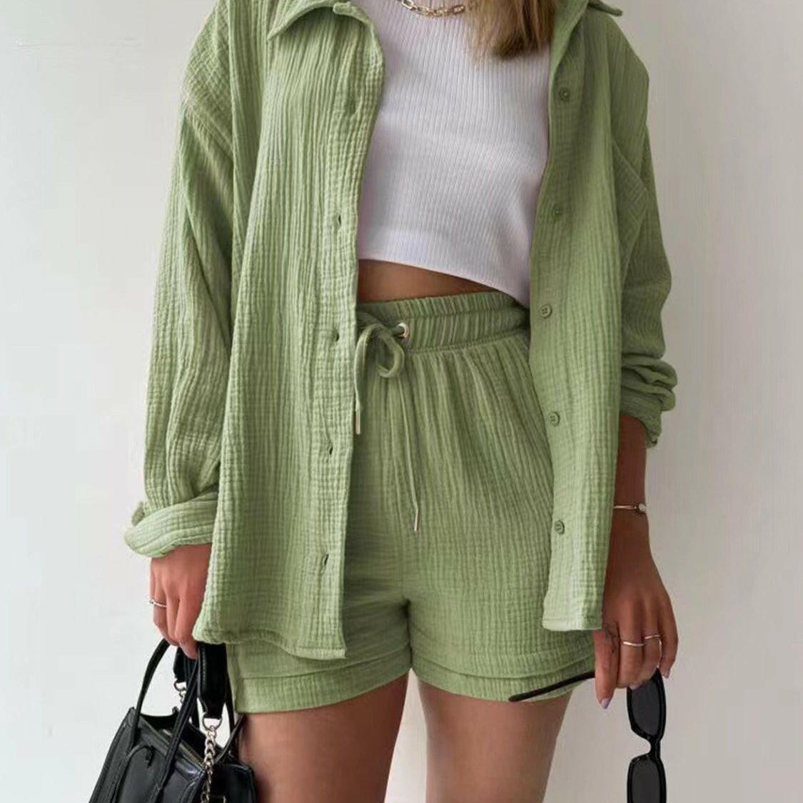 Kinsley Texture Button-Up Shirt and Drawstring Shorts Set-Krush Kandy, Women's Online Fashion Boutique Located in Phoenix, Arizona (Scottsdale Area)