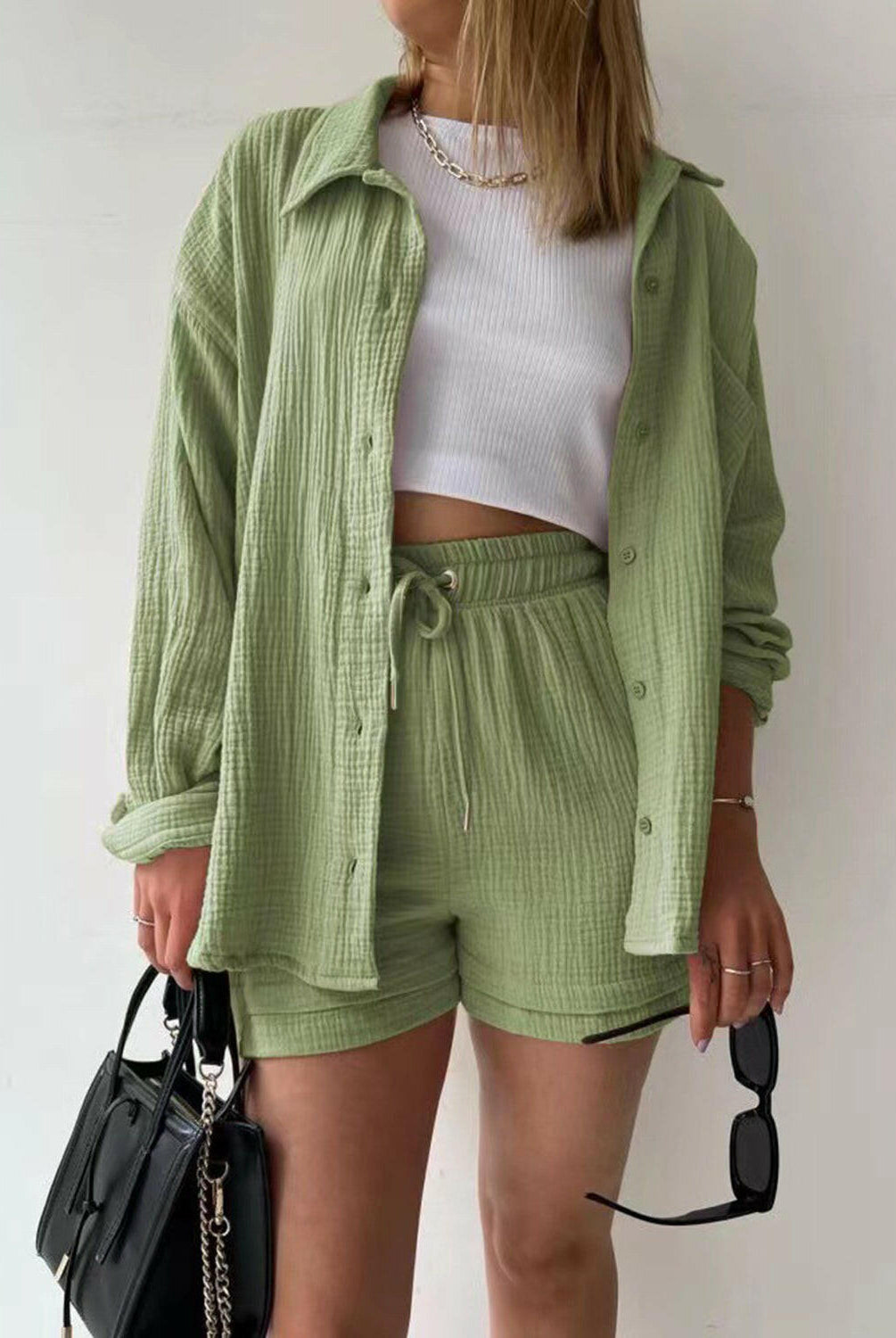 Kinsley Texture Button-Up Shirt and Drawstring Shorts Set-Krush Kandy, Women's Online Fashion Boutique Located in Phoenix, Arizona (Scottsdale Area)