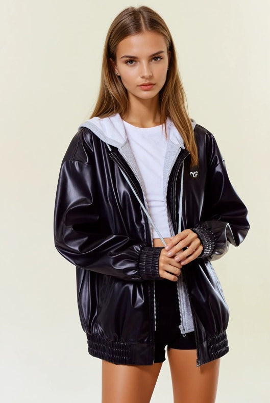 Vegan Leather Hooded Jacket W/ Welt Pocket-Jackets-Krush Kandy, Women's Online Fashion Boutique Located in Phoenix, Arizona (Scottsdale Area)