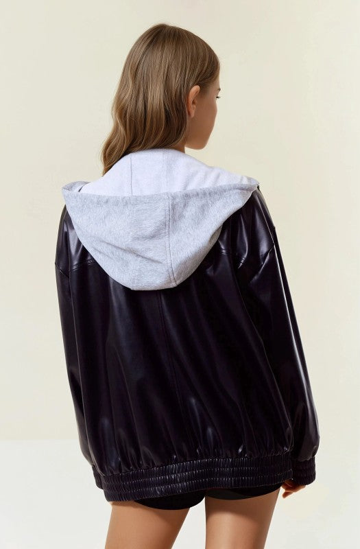 Vegan Leather Hooded Jacket W/ Welt Pocket-Jackets-Krush Kandy, Women's Online Fashion Boutique Located in Phoenix, Arizona (Scottsdale Area)