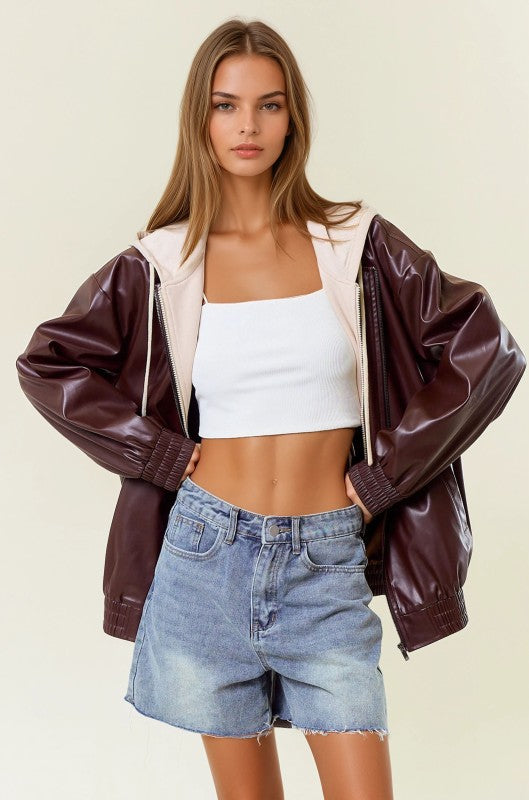 Vegan Leather Hooded Jacket W/ Welt Pocket-Jackets-Krush Kandy, Women's Online Fashion Boutique Located in Phoenix, Arizona (Scottsdale Area)
