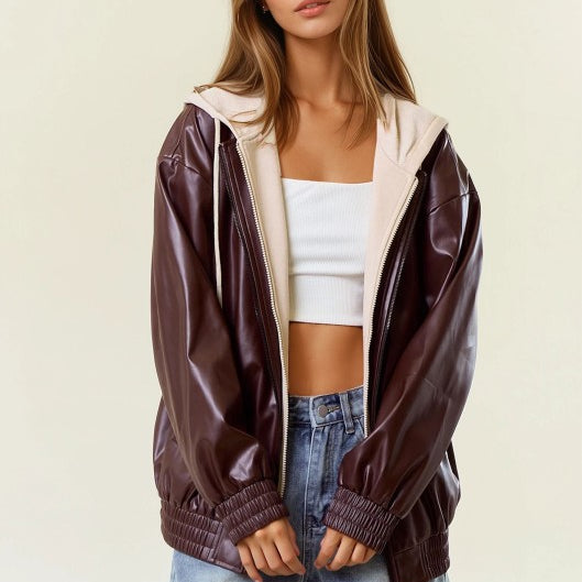 Vegan Leather Hooded Jacket W/ Welt Pocket-Jackets-Krush Kandy, Women's Online Fashion Boutique Located in Phoenix, Arizona (Scottsdale Area)