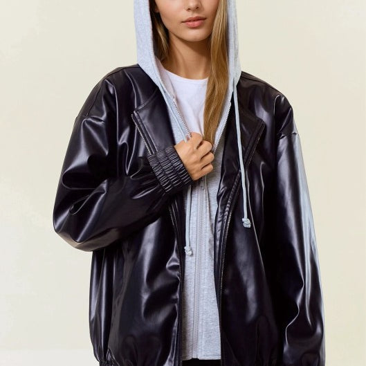 Vegan Leather Hooded Jacket W/ Welt Pocket-Jackets-Krush Kandy, Women's Online Fashion Boutique Located in Phoenix, Arizona (Scottsdale Area)