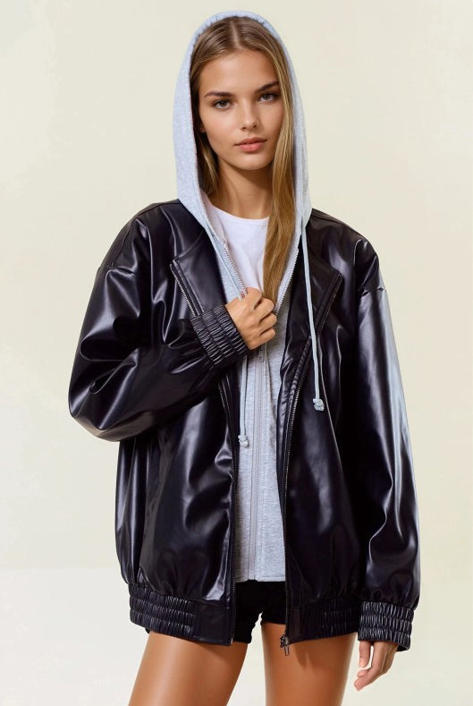 Vegan Leather Hooded Jacket W/ Welt Pocket-Jackets-Krush Kandy, Women's Online Fashion Boutique Located in Phoenix, Arizona (Scottsdale Area)