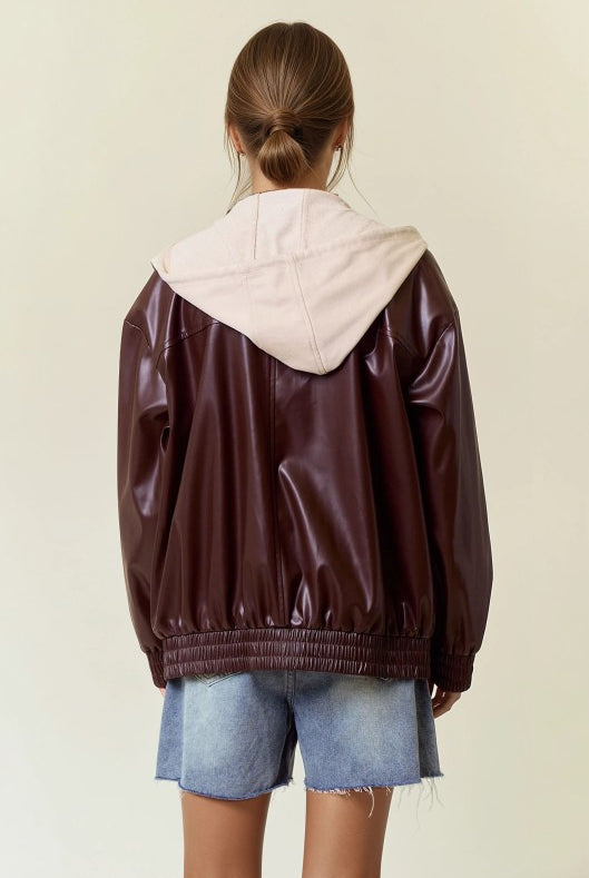 Vegan Leather Hooded Jacket W/ Welt Pocket-Jackets-Krush Kandy, Women's Online Fashion Boutique Located in Phoenix, Arizona (Scottsdale Area)